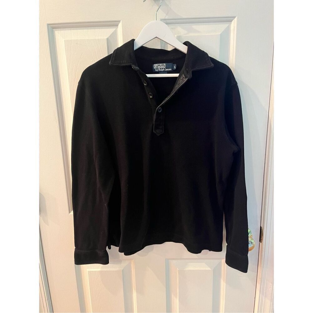 Polo by Ralph Lauren Black Ribbed Long Sleeve Polo Shirt sz L EUC